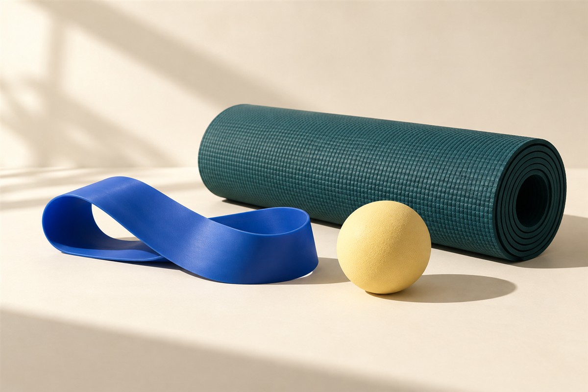 A blue resistance band, a rolled teal mat, and a pale yellow ball in a sunlit studio